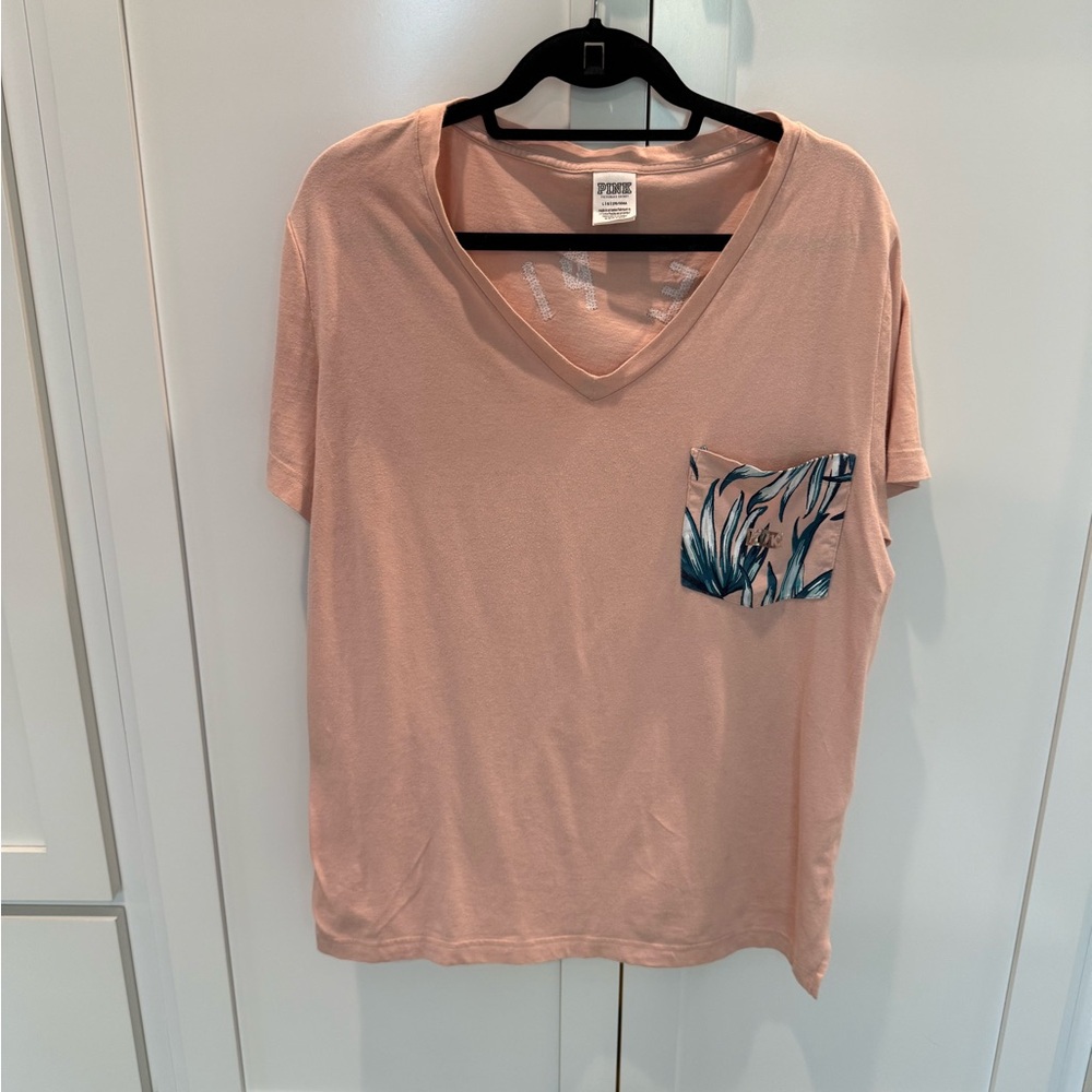 PINK Victoria's Secret Blush Pink V-Neck Pocket Tee with Blue Print